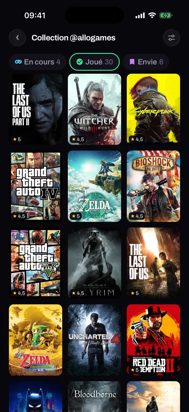 A player's collection, sorted by status