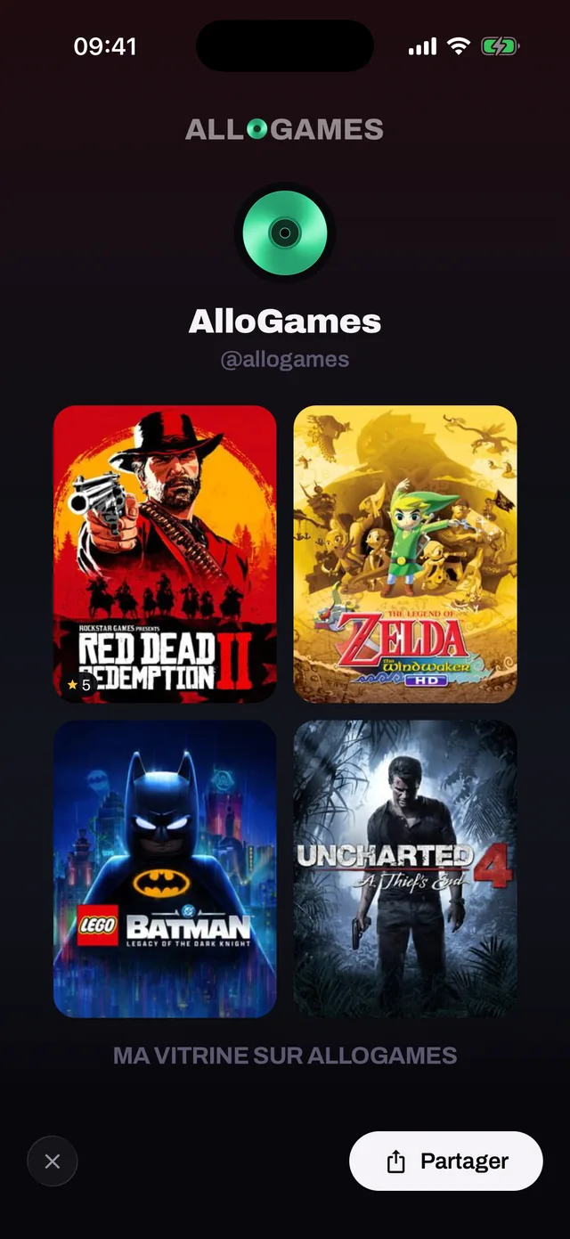 The showcase: four games at the top of the profile.