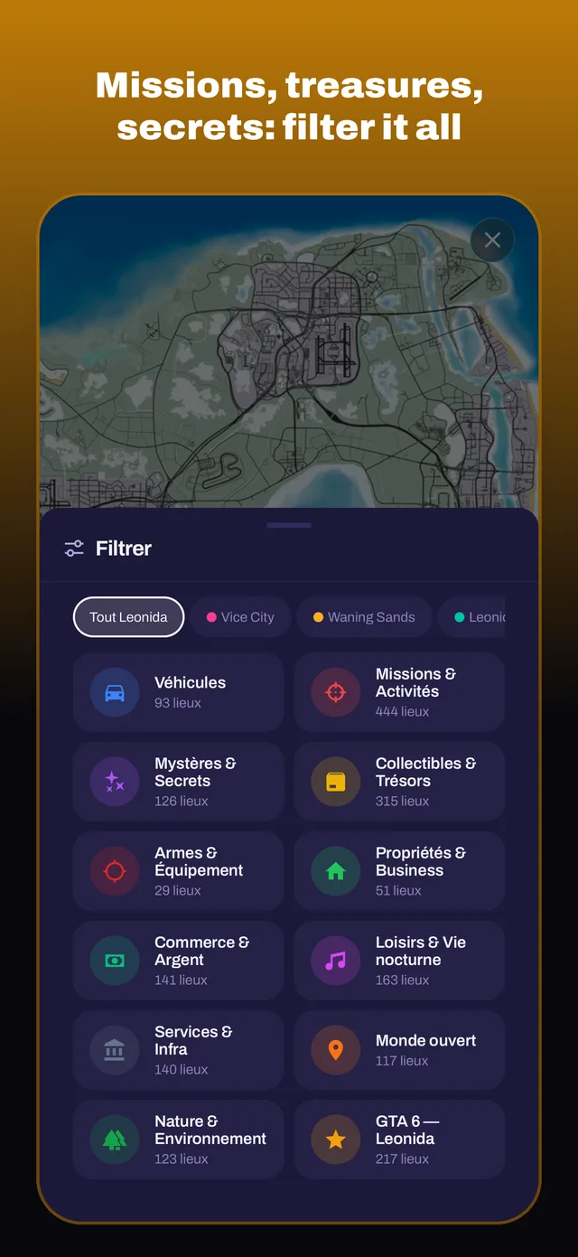 Missions, treasures, secrets: filter it all