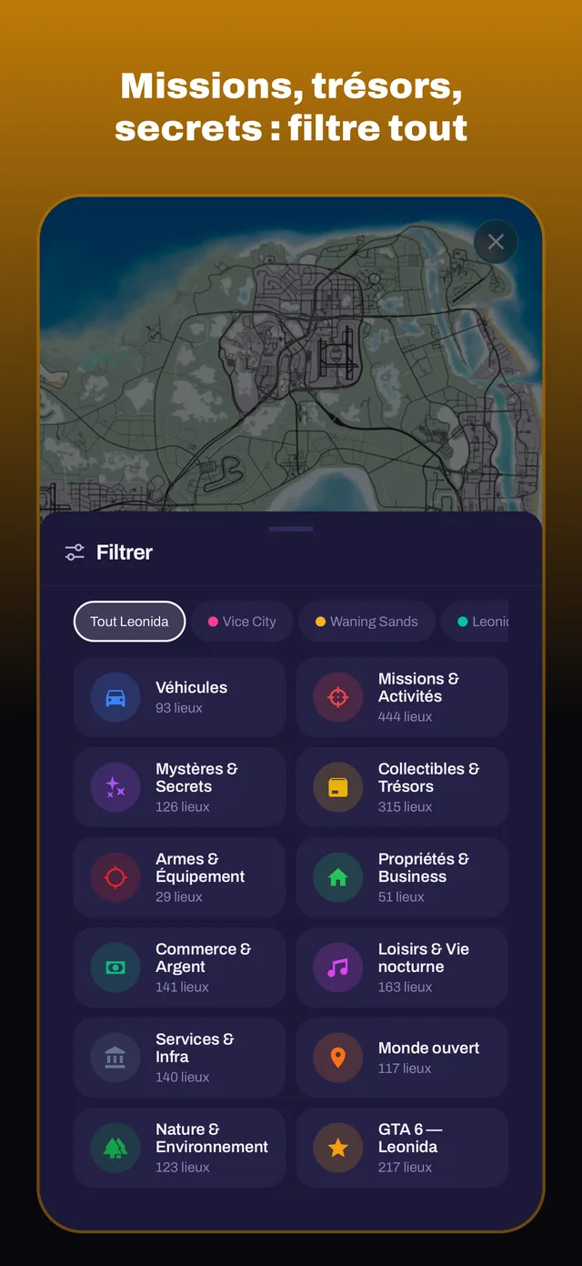 Missions, trésors, secrets : filtre tout